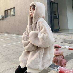 韩版宽松毛绒外套女冬仿獭兔毛皮草中长款加厚连帽大衣