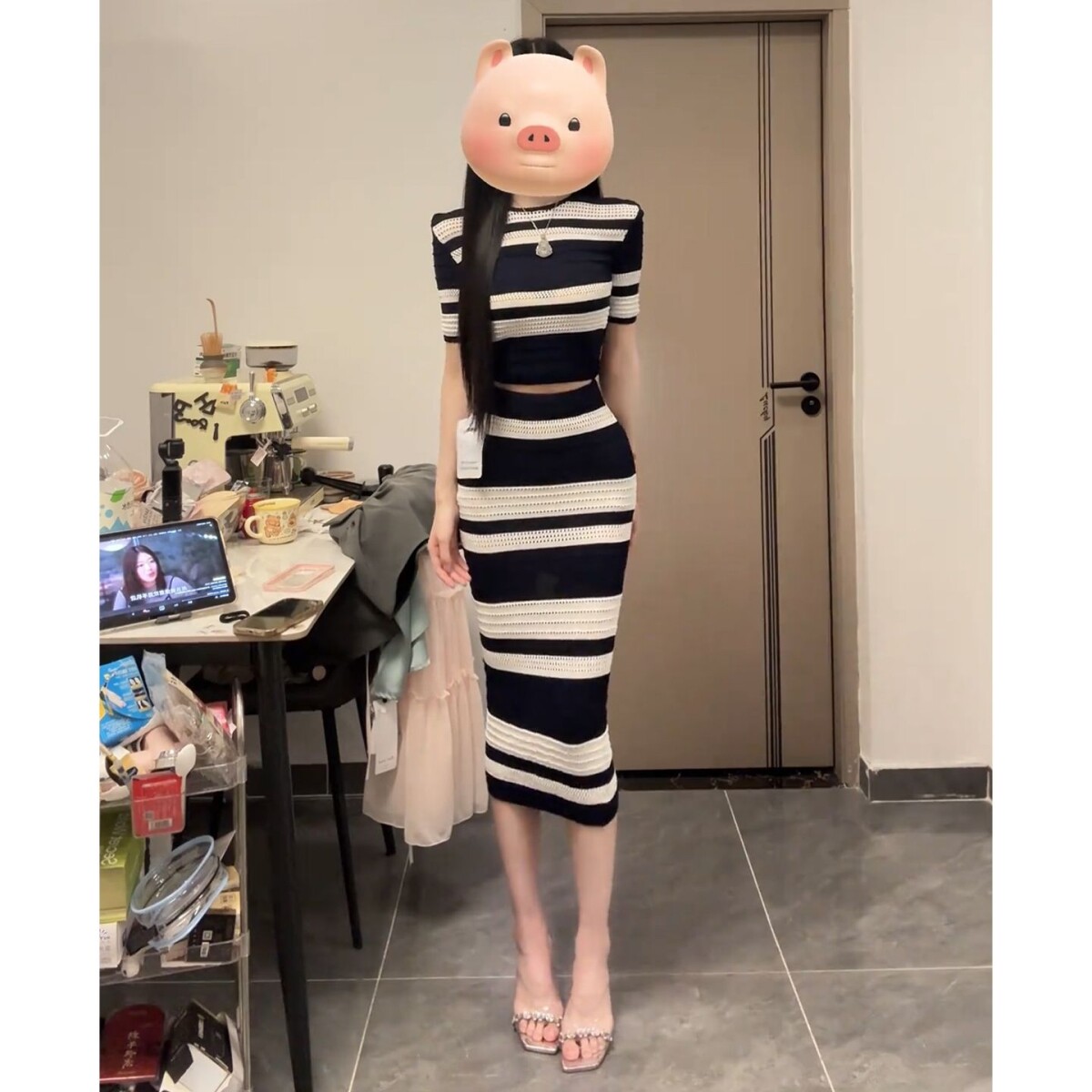 小香风撞色条纹针织套装