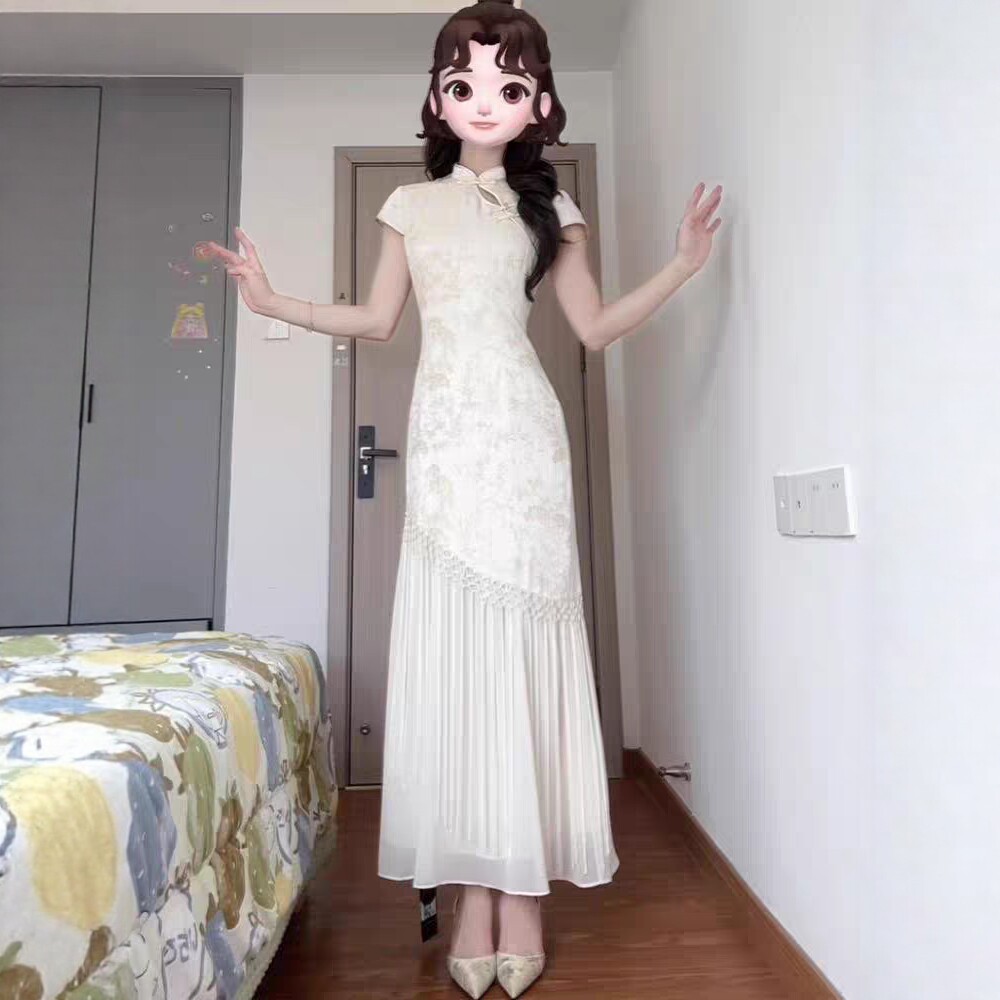 新中式国风立领盘扣旗袍连衣裙女夏季设计感流苏拼接气质绝美长裙