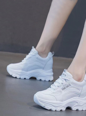 真皮纯白色老爹鞋内增高9CM头层牛皮休闲运动鞋软底轻便旅游鞋女