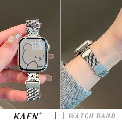 适用s10苹果手表带applewatch9新款可爱图案米兰尼斯表带s8小猫不锈钢磁吸7/6/5/4/se代女款时尚男情侣透气夏