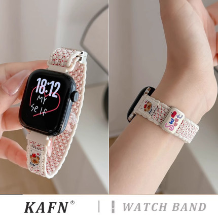 细款创意可爱小熊适用于苹果手表s10表带编织尼龙s9透气applewatch9/8/7可调节磁吸iWatch6/5/se2女ultra腕带