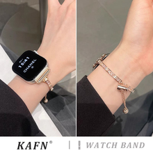 适用s10苹果手表带iwatch9新款方形镶钻链条s8手镯式金属表带s7/6/5/4/se代夏季轻奢ultra3高级女时尚男情侣