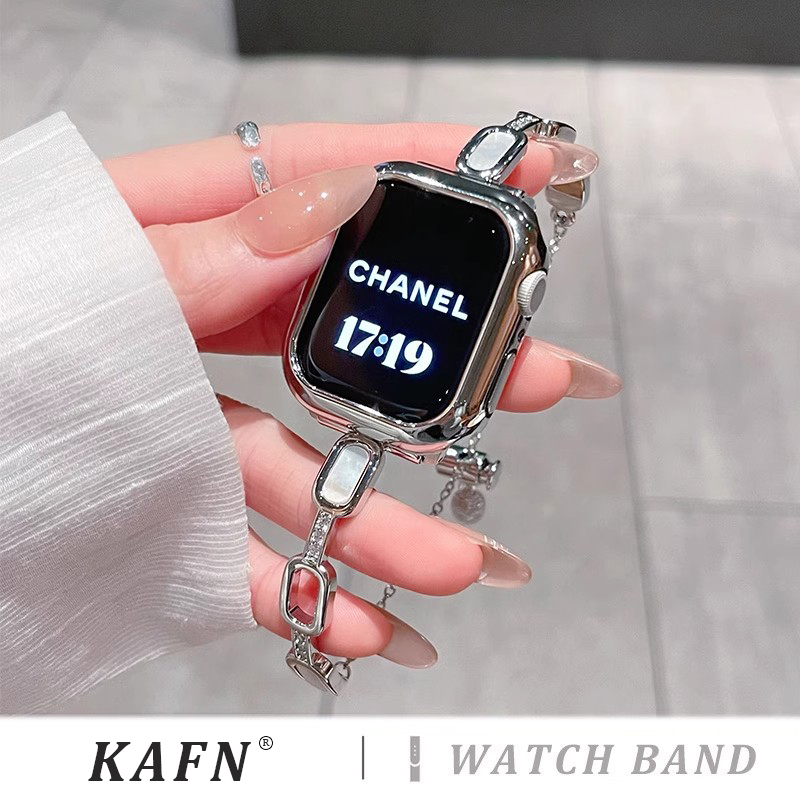 适用s10苹果手表带新款iwatch9方形贝母表带Apple Watch8/7/6/5/4轻奢金属女款se代秋冬时尚41/40mm小众替换