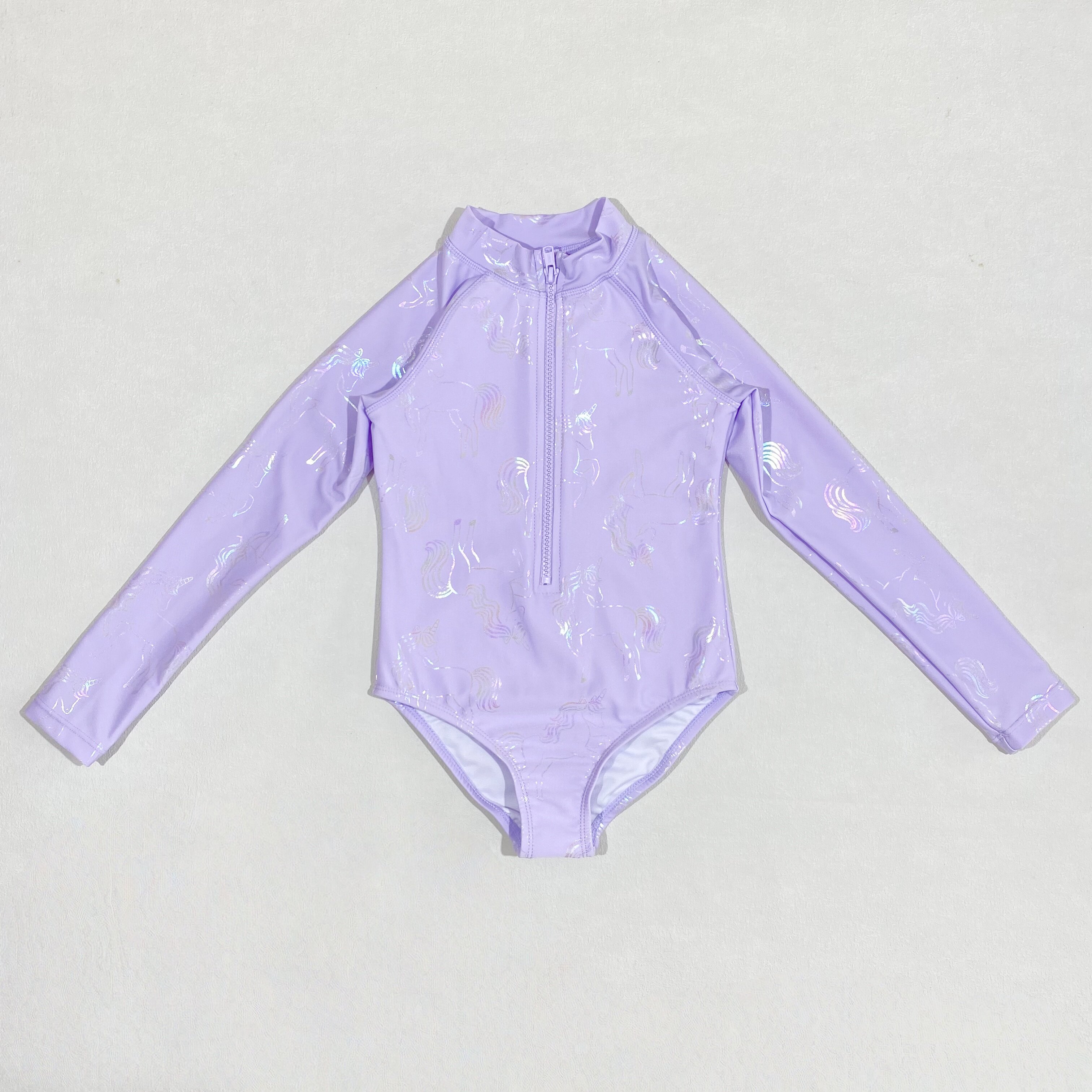 澳单UPF50+紫色儿童连体泳衣独角兽长袖防晒拉链Ins风游泳衣装