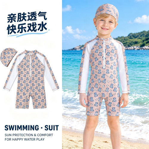 男童长袖防晒抗氯卡通连体泳衣