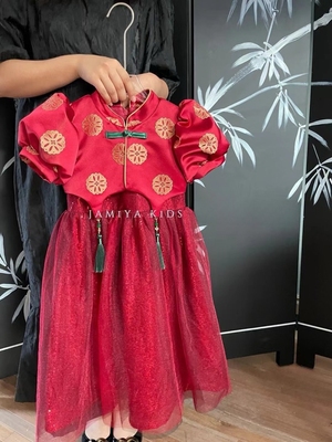 季米亚jamiya秋冬新年款女儿童国风拜年背心裙加绒连衣裙公主纱裙