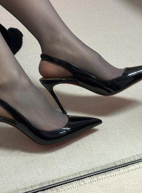 黑色高跟鞋女2025新款夏季尖头细跟包头凉鞋法式气质绝美后空单鞋