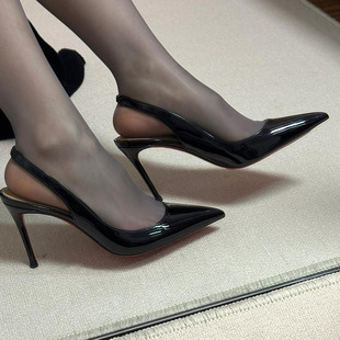 黑色高跟鞋女2025新款夏季尖头细跟包头凉鞋法式气质绝美后空单鞋