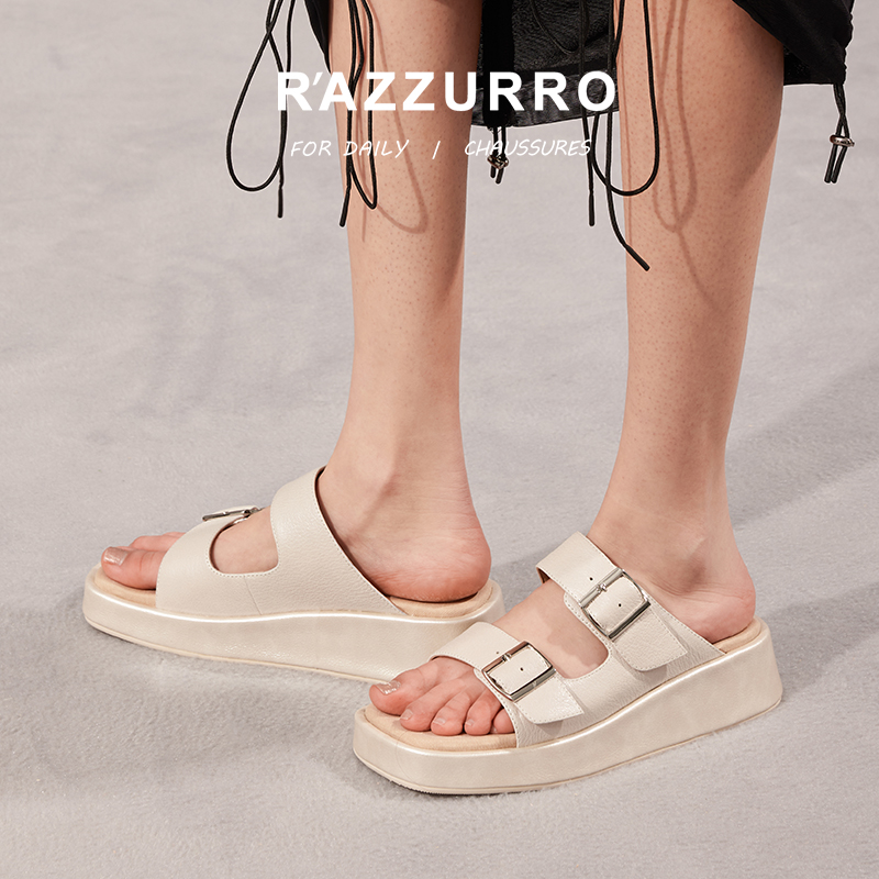 R'AZZURRO 春夏新款皮带扣一脚蹬休闲羊皮内里厚底设计感外穿拖