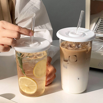 简约透明玻璃吸管杯带盖水杯子冰美式拿铁咖啡杯饮品奶茶杯果汁杯