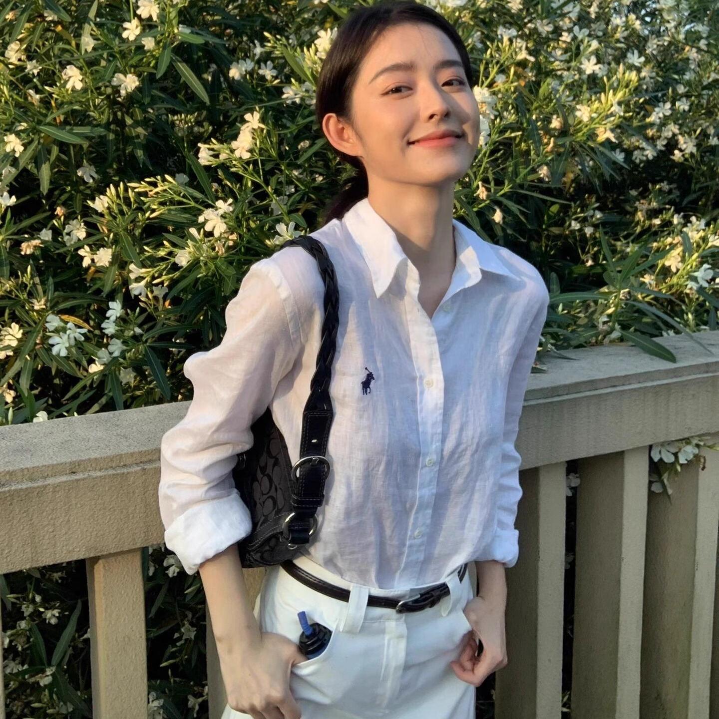 奥莱拉夫亚麻衬衫小马标刺绣女夏季薄款防晒衣长袖白衬衣外套名媛