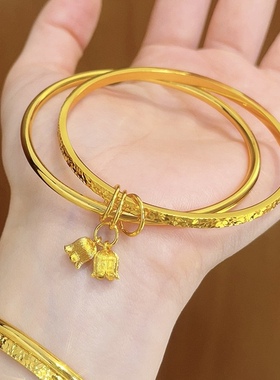 金店同款沙金铃兰花碎冰冰双环手镯亮面素圈碎金镯子精致送女友礼