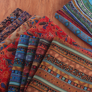 民族风棉麻镀金布料复古中国风印花布料酒吧桌布装饰布手工面料