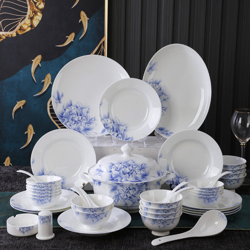 国色天香釉中青花瓷骨瓷碗碟餐具家用新款骨瓷十碗十盘十筷套装