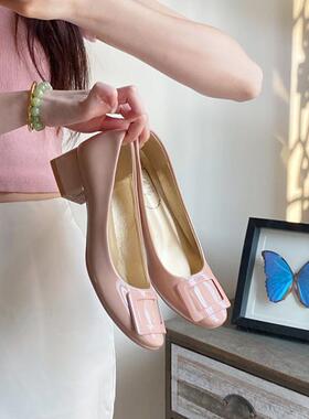 PurpleBear通勤方扣圆头粗跟浅口法式小香风裸色百搭单鞋高跟鞋女