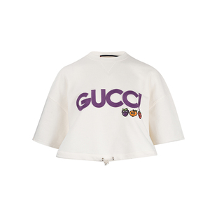 促销 GUCCI古驰女士Logo字母印花短款 T恤女夏季 落肩袖 圆领短袖