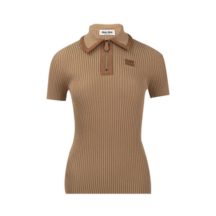 女2026年新品 Polo衫 MIU缪缪女士刺绣字母徽标羊绒短袖 MIU