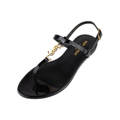 SAINT LAURENT圣罗兰女士漆皮金色字母平底一字带凉鞋 推广