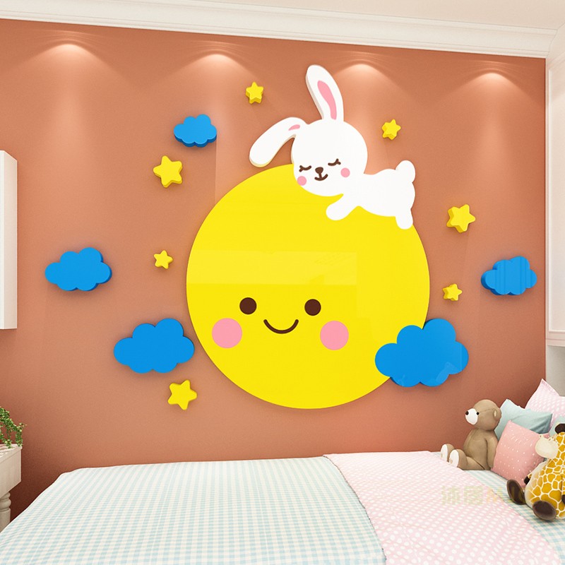 卡通月亮兔子3d立体墙贴画男女孩卧室床头墙面布置儿童房墙面装饰图片