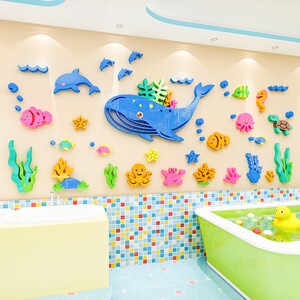 婴儿游泳馆卡通海洋动物墙贴画学校幼儿园楼梯环创主题文化墙装饰