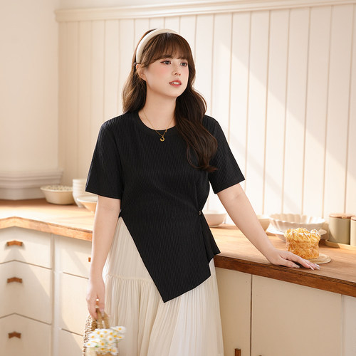 慕翎大码女装通勤风不对称短袖T恤夏胖MM黑色收腰显瘦设计感上衣