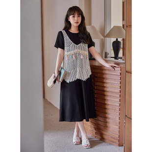 大码女装2026夏装胖mm显瘦真两件拼接解流苏马甲连衣裙两件套装