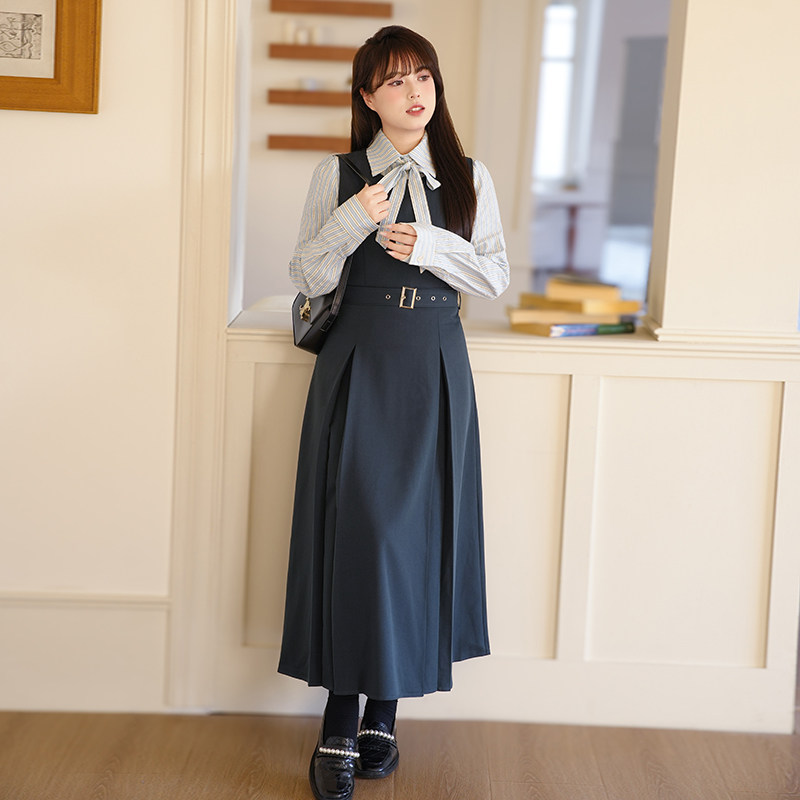 慕翎大码女装POLO领衬衫背带裙两件套胖妹妹mm通勤遮肉显瘦套装女