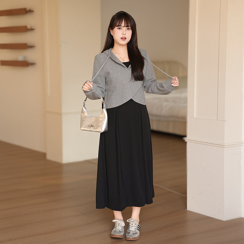 慕翎大码女装遮肉显瘦时尚休闲背心裙套装胖妹妹MM连帽卫衣两件套