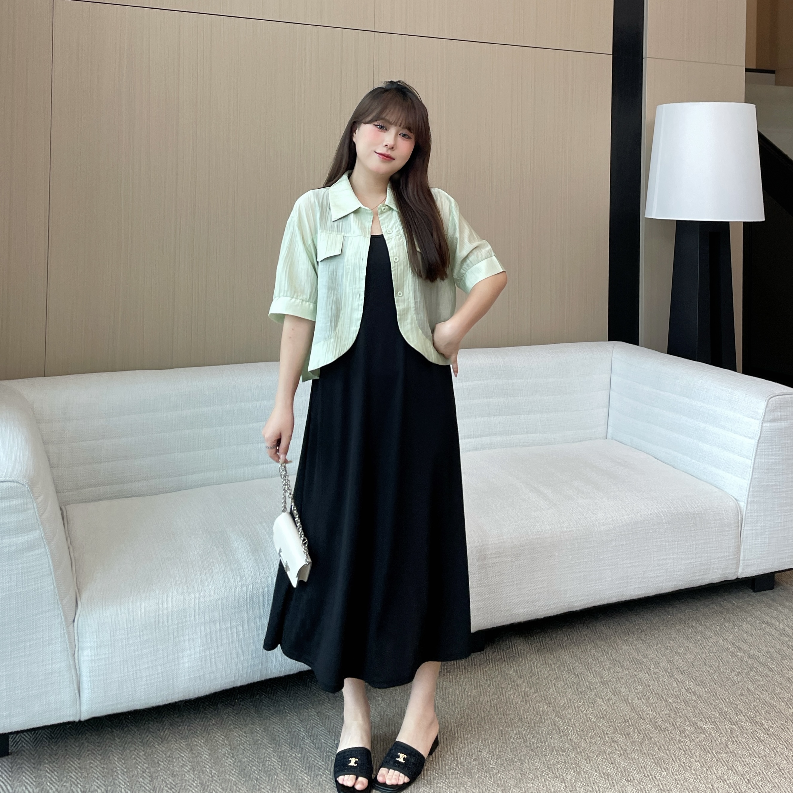 大码女装胖mm显瘦【薄荷冰丝凉感】短外套衬衫吊带裙大码吊带套装