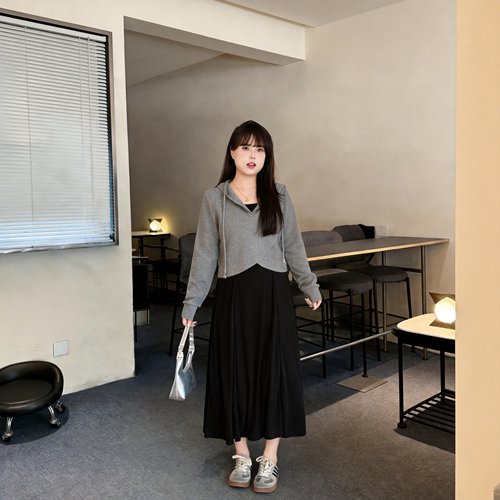 慕翎大码女装2026秋冬新款【奶茶系女孩】连帽卫衣连衣裙显瘦套装