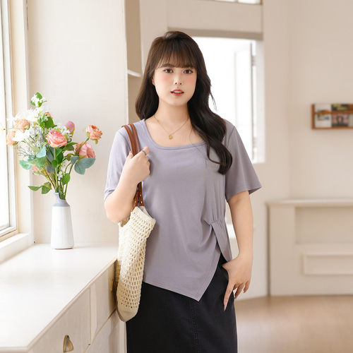 慕翎大码女装短袖T恤女夏季胖妹妹mm紫色通勤风方领修身减龄上衣