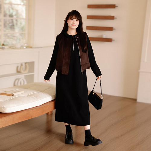 慕翎大码女装通勤两件套宽松显瘦A字裙马甲外套气质套装胖MM春装