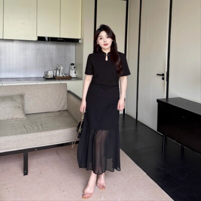 胖mm【袅袅江南】夏季古风新中式改良旗袍拼接大码收腰显瘦连衣裙