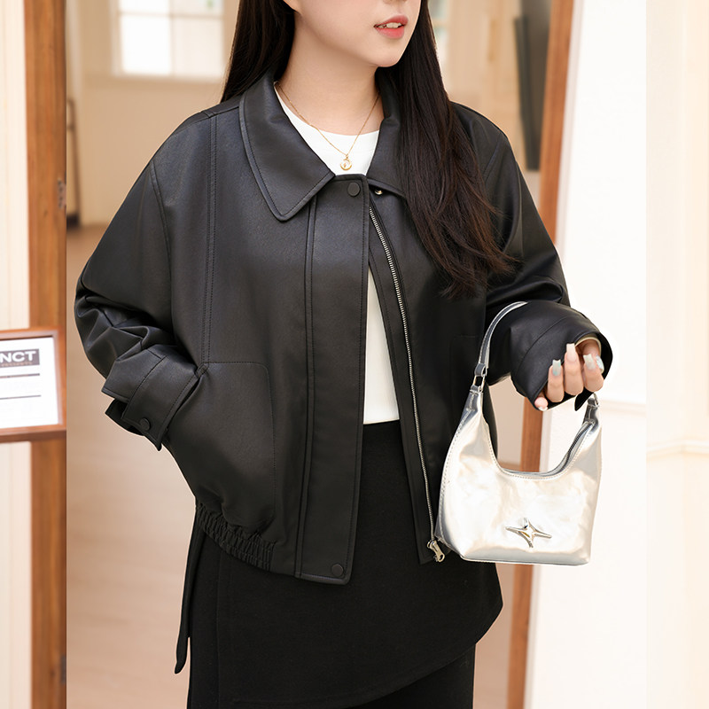 慕翎大码女装胖MM黑色翻领皮衣女短款宽松廓形夹克外套小个子显瘦