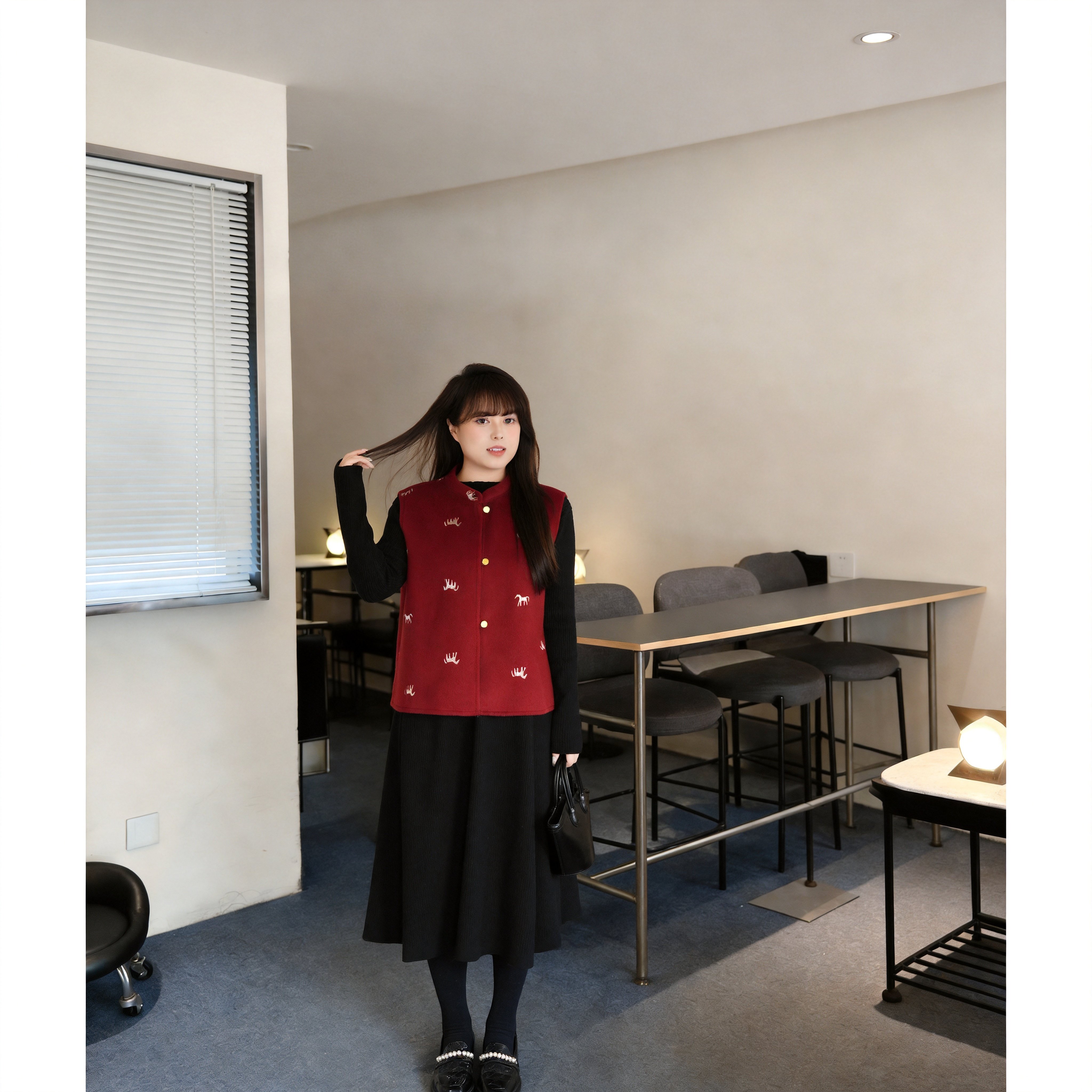 慕翎大码女装红色马甲两件套胖MM显瘦A字裙中长款套装中国风秋装