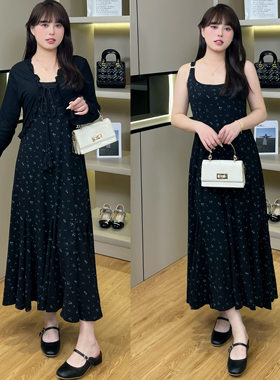 慕翎大码女装春装新款胖mm碎花裙长袖上衣+高腰显瘦背心裙两件套
