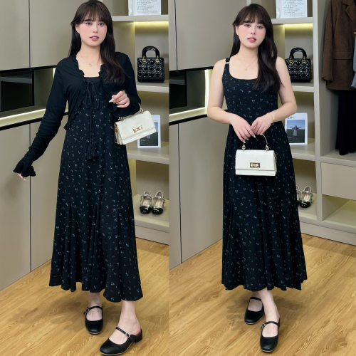 慕翎大码女装春装新款胖mm碎花裙长袖上衣+高腰显瘦背心裙两件套