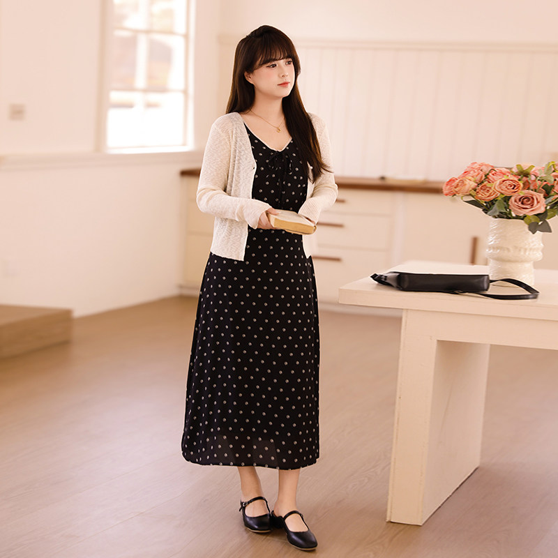 慕翎大码女装波点背心裙两件套胖妹妹mm遮肉显瘦V领长裙开衫套装