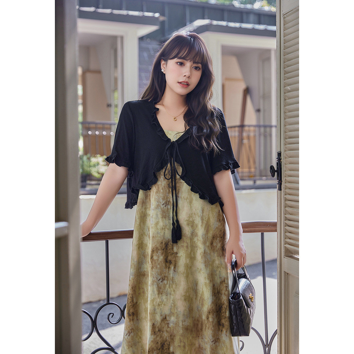 慕翎大码女装新中式复古扎染吊带裙夏装胖MM百搭透气开衫显瘦套装