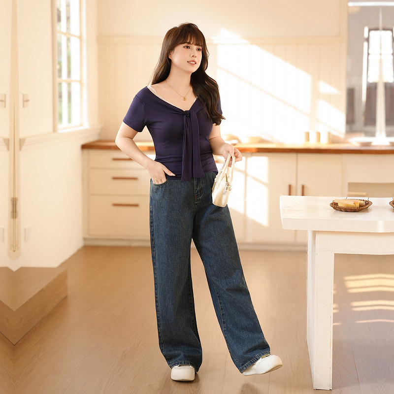 慕翎大码女装短袖T恤牛仔裤夏季套装显瘦遮肚微胖女孩穿搭两件套