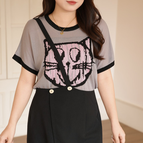 慕翎大码女装韩版猫咪印花短袖T恤胖MM宽松圆领撞色设计感上衣夏