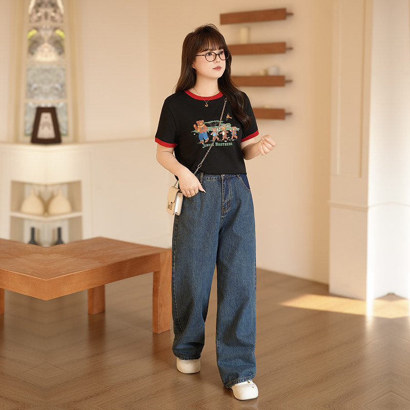 慕翎大码女装夏季撞色卡通印花T恤牛仔裤套装胖MM减龄夏日两件套