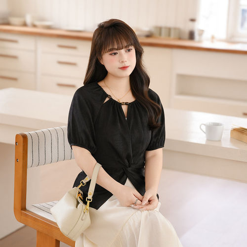 慕翎大码女装法式黑色扭结上衣胖MM短袖设计感小众百搭气质T恤夏