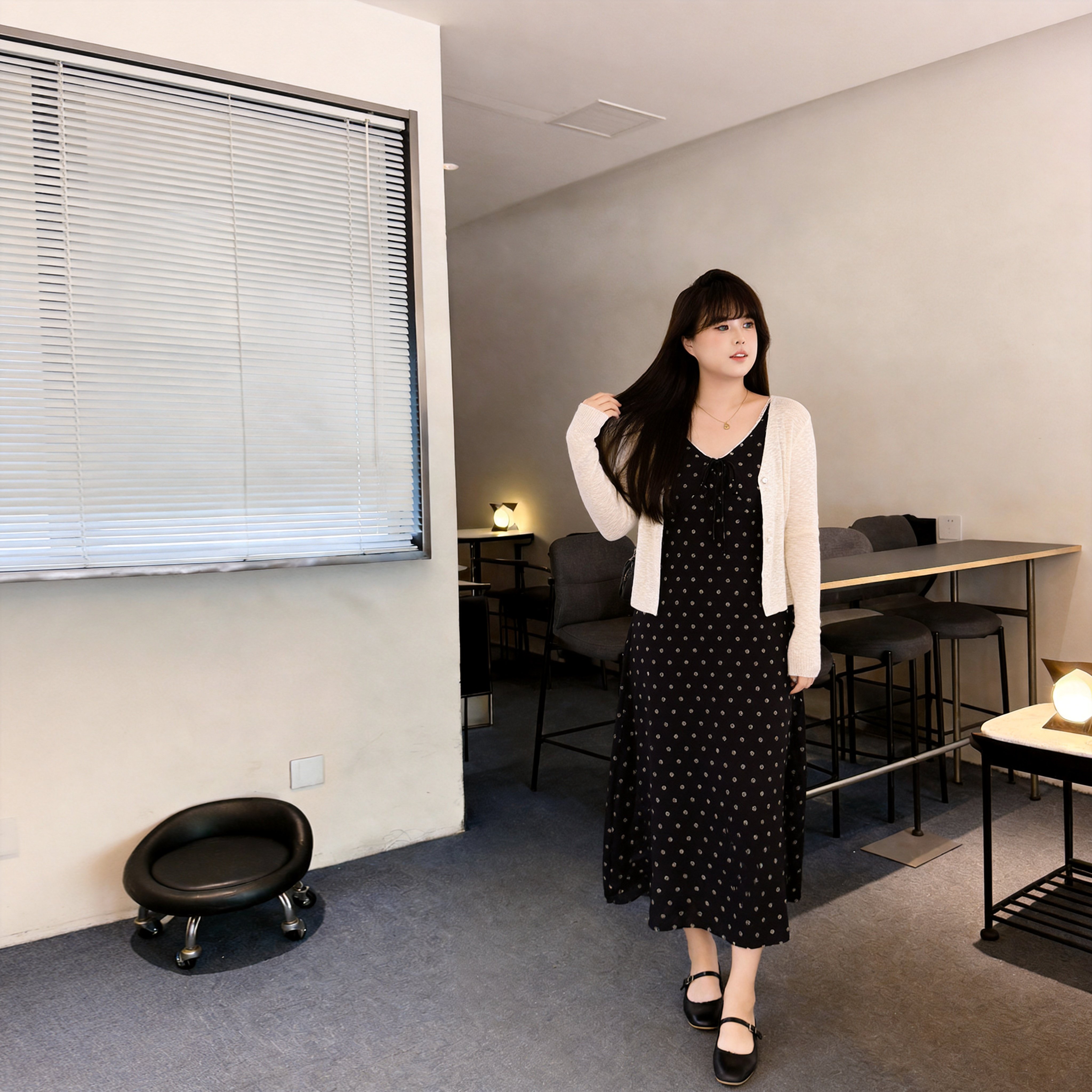 慕翎大码女装波点裙两件套胖妹妹mm遮肉显瘦V领长裙开衫套装秋装