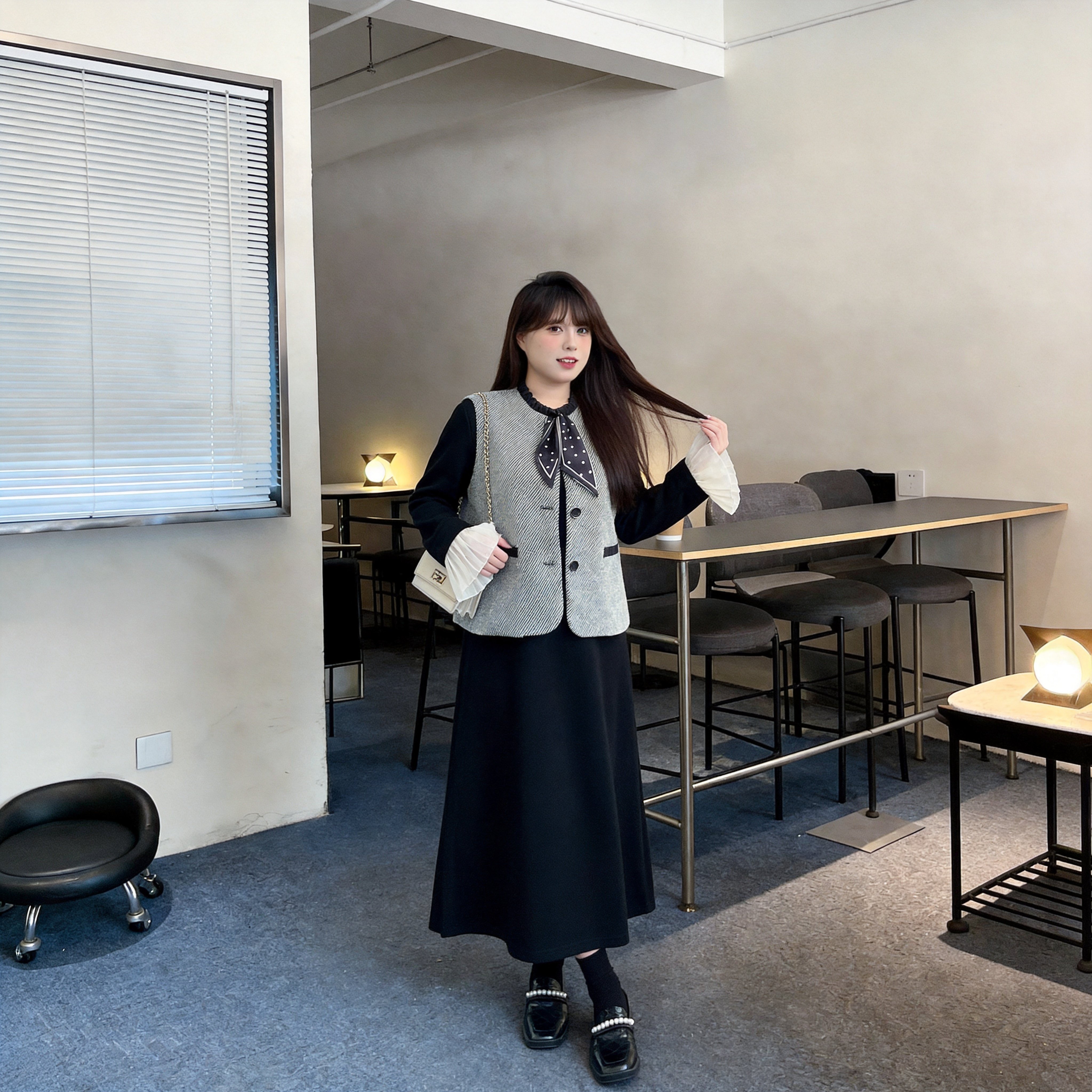 慕翎大码女装小香风马甲连衣裙套装女秋冬胖mm显瘦气质两件套