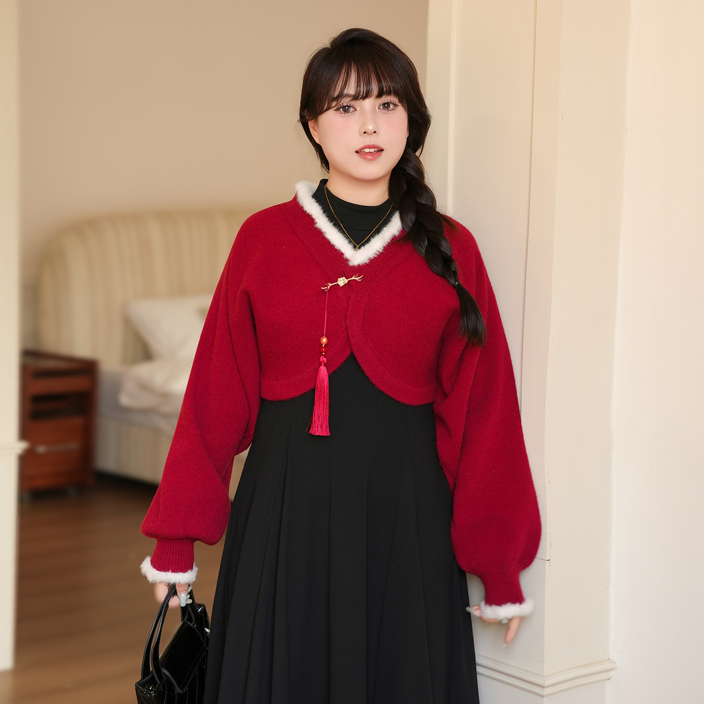 慕翎大码女装红色新年毛衣开衫黑色连衣裙女遮肉冬显瘦两件套装,女装/女士精品,大码套装,淘宝优惠券,粉丝福利购,淘宝优惠卷