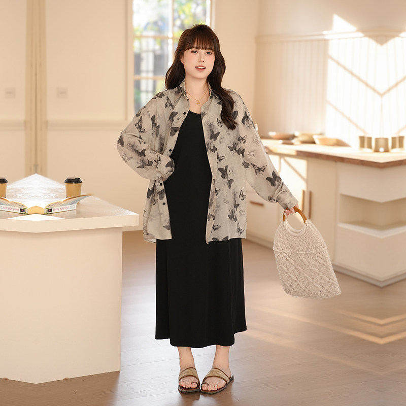 慕翎大码女装蝴蝶印花衬衫吊带裙套装夏季胖MM时尚通勤搭配两件套