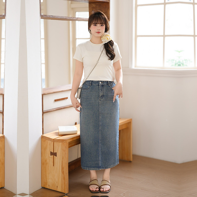 慕翎大码女装夏季韩版牛仔半身裙两件套女显瘦A字裙通勤套装胖MM