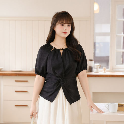 慕翎大码女装法式黑色扭结上衣胖MM短袖设计感小众百搭气质T恤夏